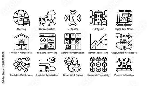 Icon set illustrating supply chain and technology concepts