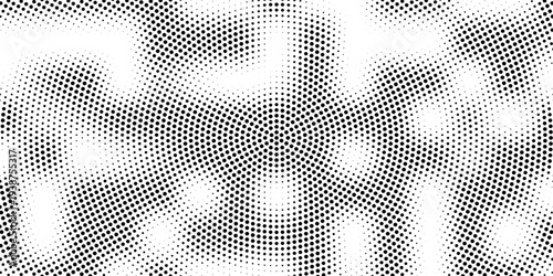 Radial halftone spotted gradient background. Dotted stains concentric texture with fading effect. Black and white circle shade wallpaper. Grunge rough vector. Monochrome geometric backdrop.