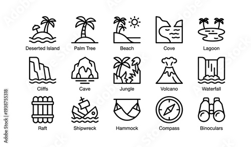 Island adventure icons: palm tree, volcano, waterfall, compass, jungle