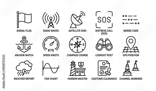 Maritime icons: signal flag, radio waves, satellite dish, gps position, compass course
