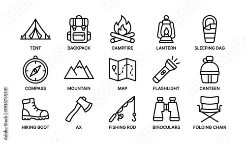 Camping gear icons: tent, backpack, campfire, lantern, sleeping bag, compass, mountain, map