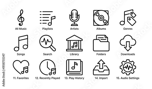 Audio interface icons featuring music, playlist, and download symbols