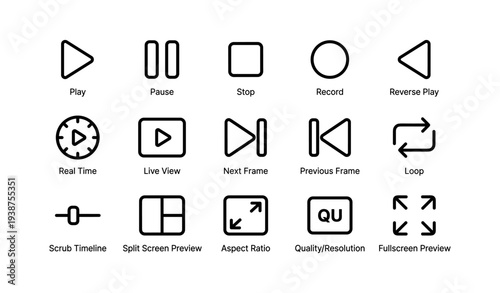 Media control icons: play, pause, stop, record features