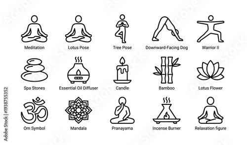 Yoga and meditation icon set featuring poses, symbols, and relaxation elements