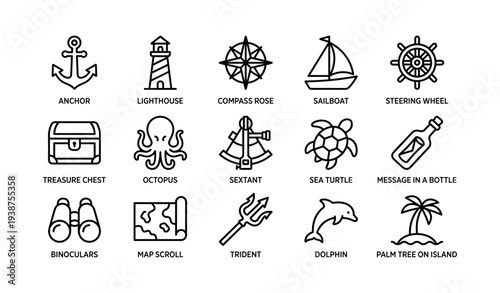 Nautical icon set: anchor, lighthouse, sailboat, sea turtle, dolphin, map scroll