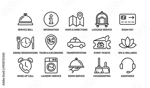 Hotel services icon set: service bell, information, luggage, room key, dining, tours, transportation, spa