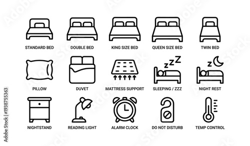 Bedroom icon set: bed types, sleep essentials, and night rest symbols
