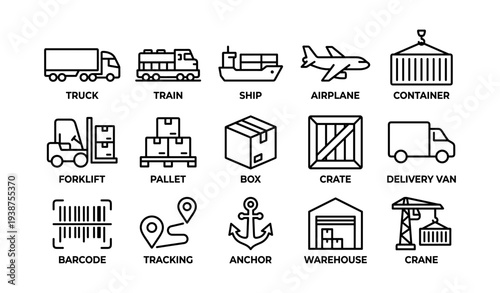 Logistics and transportation icons: truck, train, ship, airplane, container, forklift, pallet, box