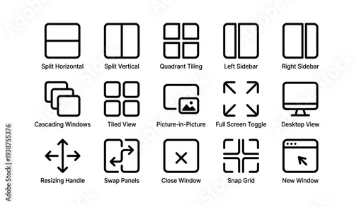 16 window layout icons for screen management and organization