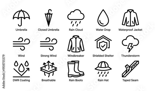 Weather icons: umbrella rain cloud waterproof jacket wind shelter thunderstorm