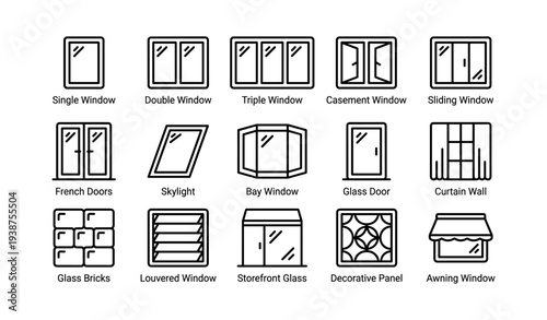 Various window and door types: single, double, sliding, french, bay, awning, glass, decorative