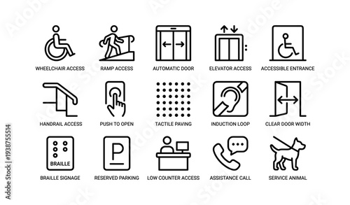 Accessibility symbols set for facilities including wheelchair, ramp, elevator, and braille signage