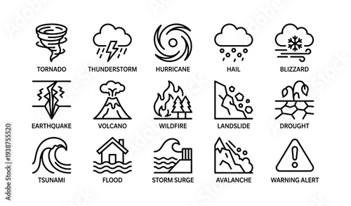 Weather and natural disaster icons: tornado, earthquake, flood, wildfire, avalanche