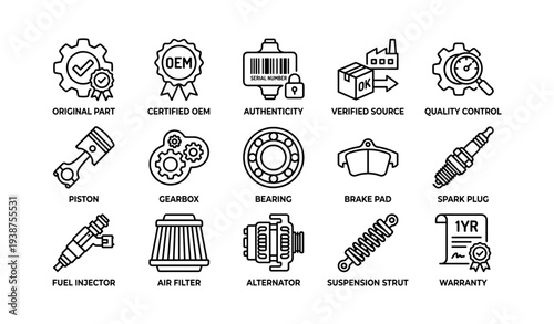 Automotive parts and certification icons including oem and quality control symbols