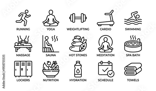 Icons representing fitness and wellness activities: running, yoga, weightlifting, cardio, swimming