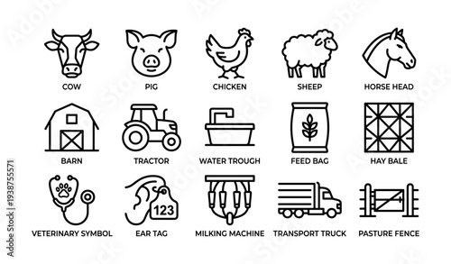 Farm animal icons: cow, pig, chicken, sheep, horse, barn, tractor, farm equipment symbols