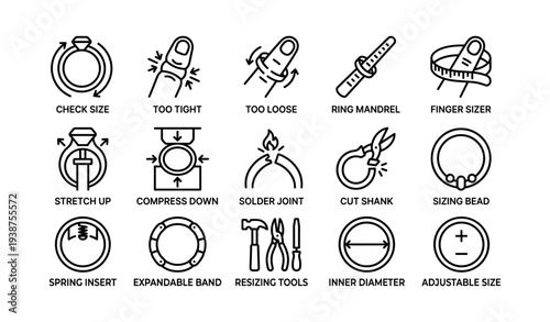 Ring sizing tools icons: check, adjust, fit, measure, resize