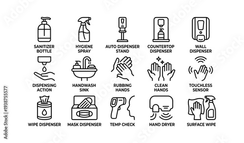 Hygiene icons: sanitizer, dispenser, handwashing, touchless sensor, temperature check