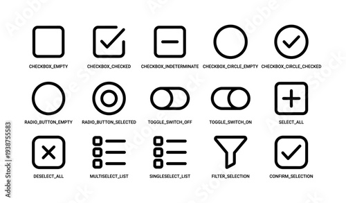 Minimalist ui icon set for checkboxes radio buttons toggles and filters
