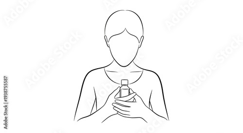 Minimalist line art illustration featuring an individual carefully holding a small bottle for