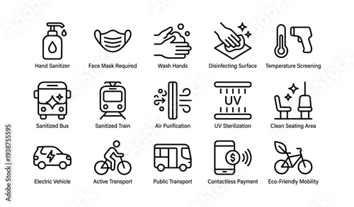 Health and safety icons for public transport with hygiene and mobility measures