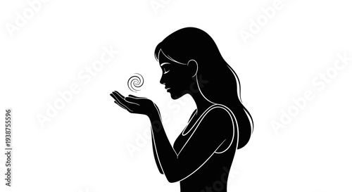 Graceful female silhouette contemplating a mystical spiral energy within her palms