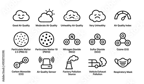 Air quality icons for pollution monitoring and health awareness