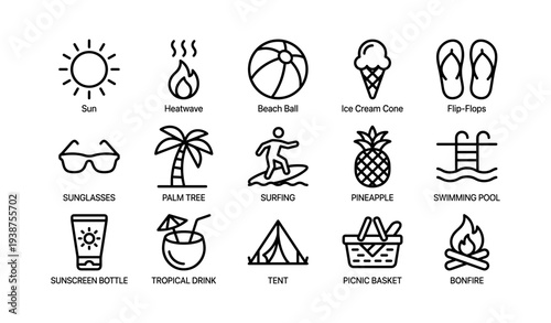 Summer icon set: sun, beach, surfing, tropical drinks, camping, and swimming
