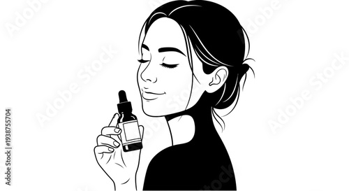 Minimalist line art illustration of a serene young woman enjoying a moment of luxurious skincare