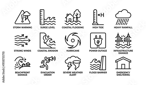 Weather alert icons: storm, flood, wind, power outage, evacuation, shelter, hurricane