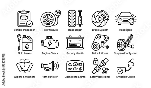 Comprehensive car maintenance icons: vehicle inspection to emission check
