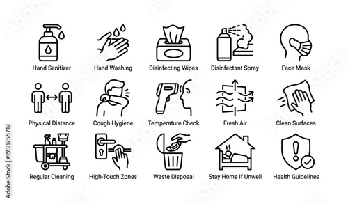 Health safety icons for pandemic guidelines and hygiene practices