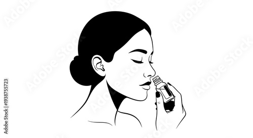 Serene woman experiencing the calming fragrance of natural essential oils from a dropper bottle