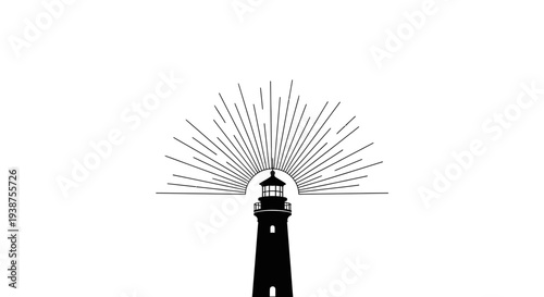 Striking black lighthouse silhouette emblem casting radiating light beams against a clean white
