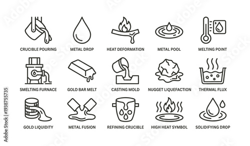 Metal processing icons: melting, casting, refining, solidifying symbols