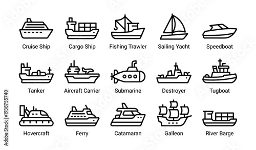Variety of nautical vessels: cruise ship, cargo ship, yacht, submarine, ferry