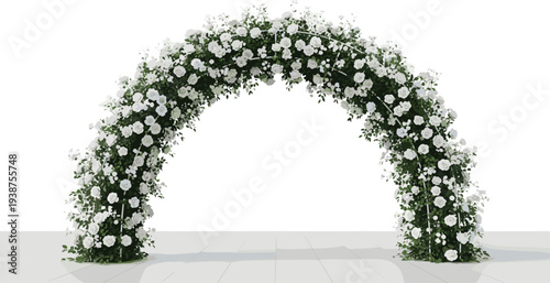 Elegant white floral wedding arch with lush greenery and roses isolated on light background, romantic ceremony decoration frame for marriage, event design, and invitations
