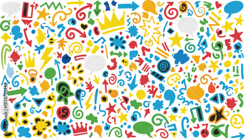 Vibrant digital art composition with diverse colorful shapes and symbols