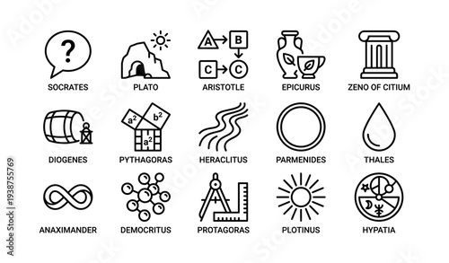 Greek philosophers icons collection featuring socrates plato aristotle