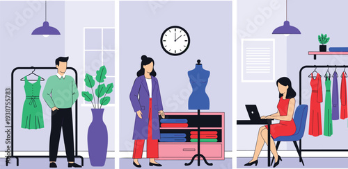 PrintFashion boutique interior with clothing racks designer tailor workspace and customers shopping modern apparel store scene vector illustration isolated on white