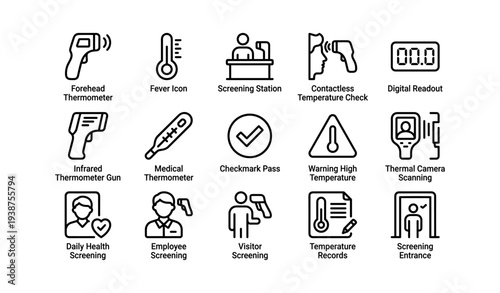 Health screening icons: thermometers, cameras, pass symbols
