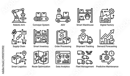 Industrial automation icons representing smart warehousing and logistics technology