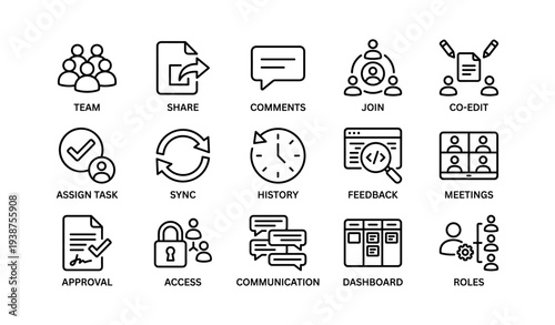 Collaborative workflow icons: team, share, feedback, access, dashboard functions