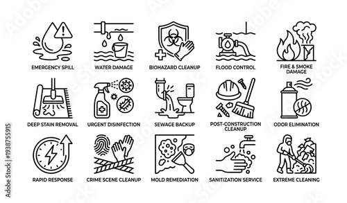 Icons depicting various cleaning and restoration services
