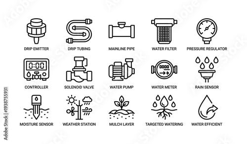 Smart irrigation system icons: drip emitter, water pump, rain sensor, controller, solenoid valve