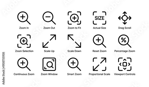 Zoom and scale icon set for interface design and navigation