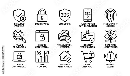 Digital security icons: shielded payment, lock status, 3d secure, two-factor authentication