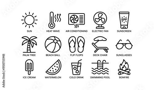 Summer icons: sun, heat, air conditioning, pool, beach, sunglasses, spf