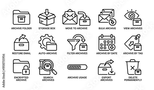 Archive management icons: folder, box, tag, filter, usage, export, delete