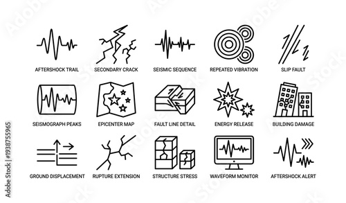 Seismic event icons: faults, vibration, epicenter, displacement, monitoring